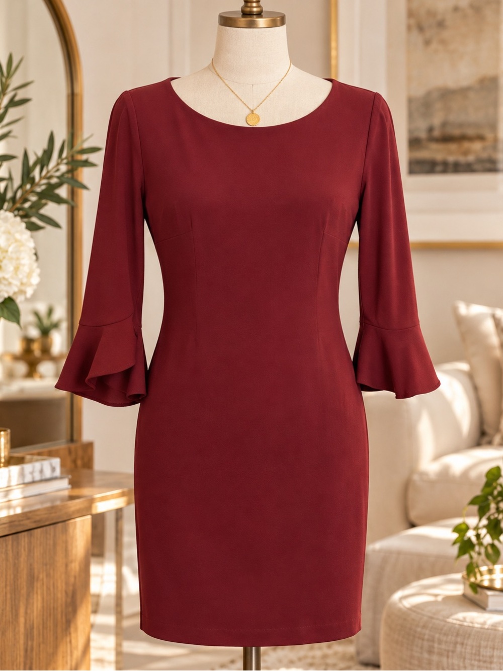 Karl Lagerfeld Burgundy Ruffle Sleeve Midi Dress